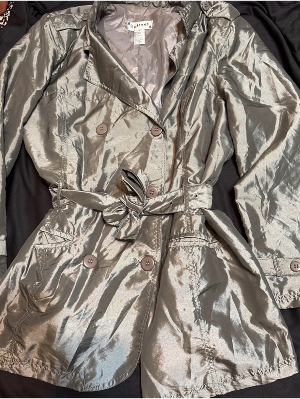 buttons Shimmery Silver Trench Coat with Belt